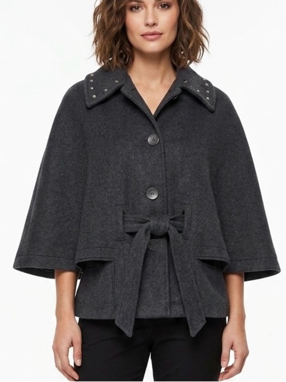 NOVELTI BY AJG Black Wool Cape Jacket Button Closure Tie Belt Stud Collar Medium